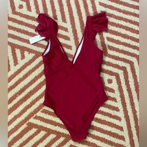 NWT BEACHSISSI S wine colored high cut one piece  swimsuit with ruffle